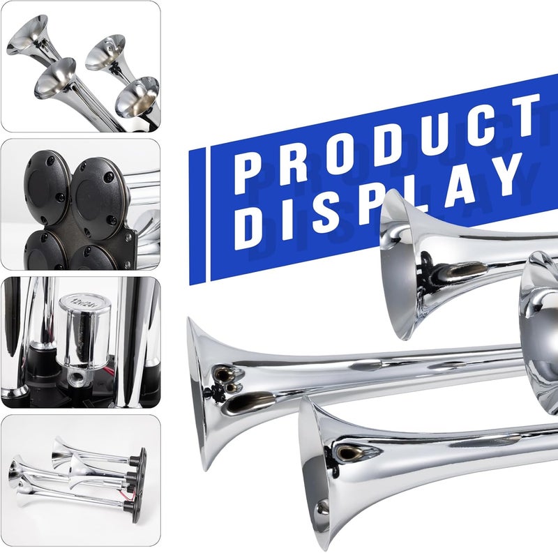 FARBIN Truck Air Horn 178DB 4 Trumpet Train Horn 12V/24V Car Horn for Trucks Super Loud Air Horns with Electric Solenoid Universal for Truck Car Pickup Jeep SUV Train Boat Silver(Silver 4-tube 12/24V) - Image 3